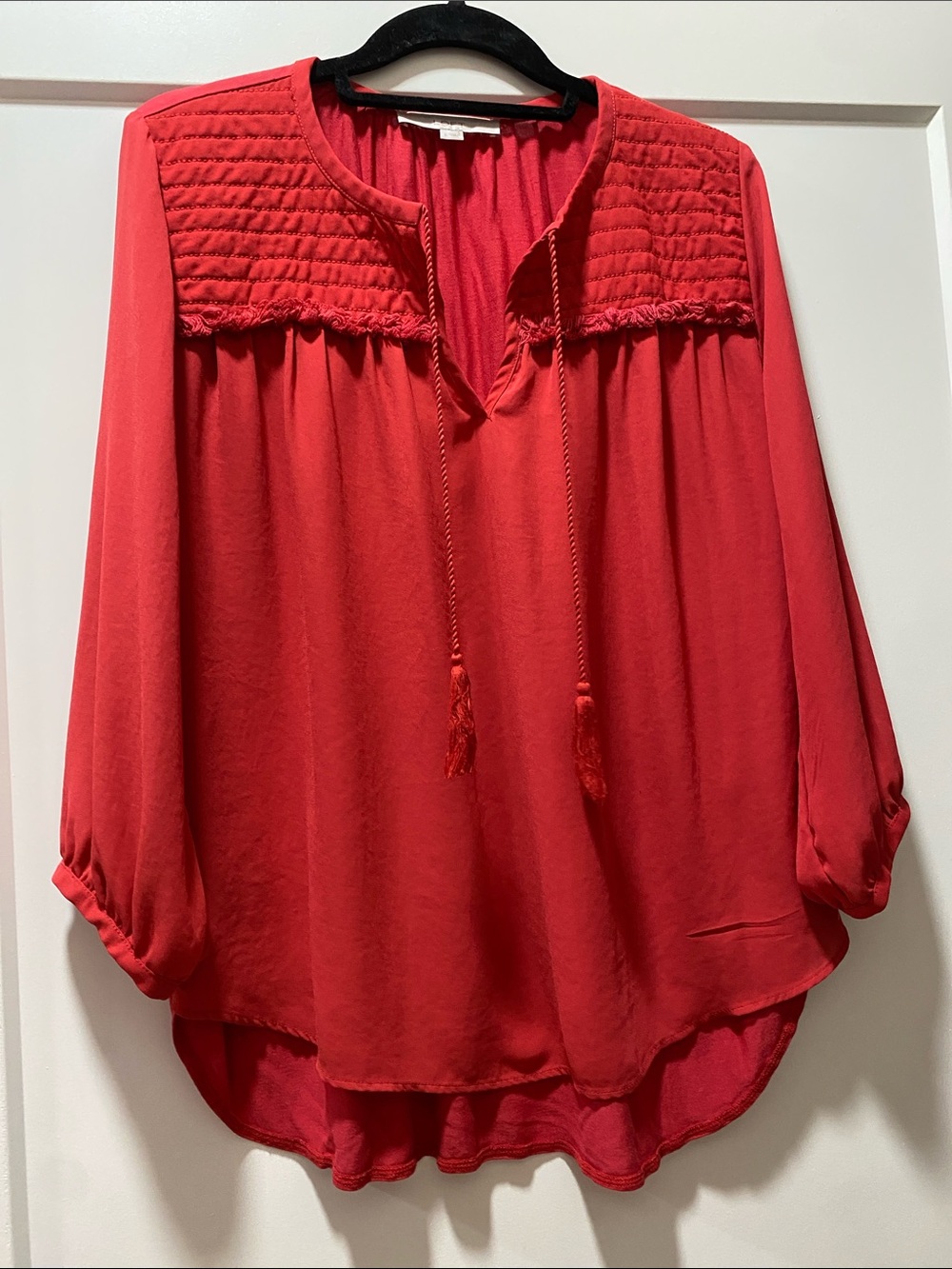 LOFT Red Smocked Yoke Peasant Tunic with Tassel Tie